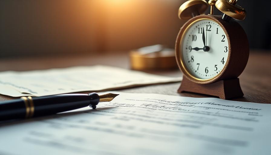 Orologio d'ufficio e documenti legali pronti per la firma